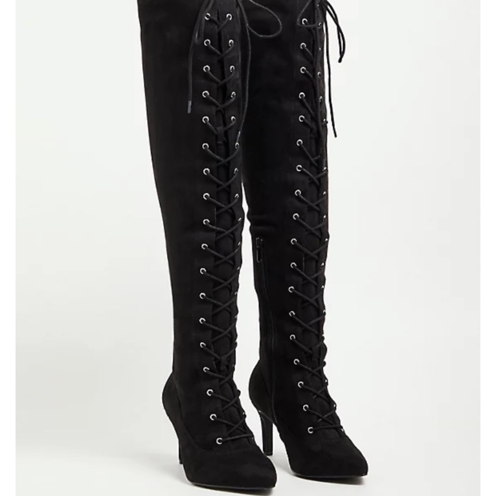 Torrid, LACE UP OVER-THE-KNEE HEEL - FAUX SUEDE BLACK (WW)